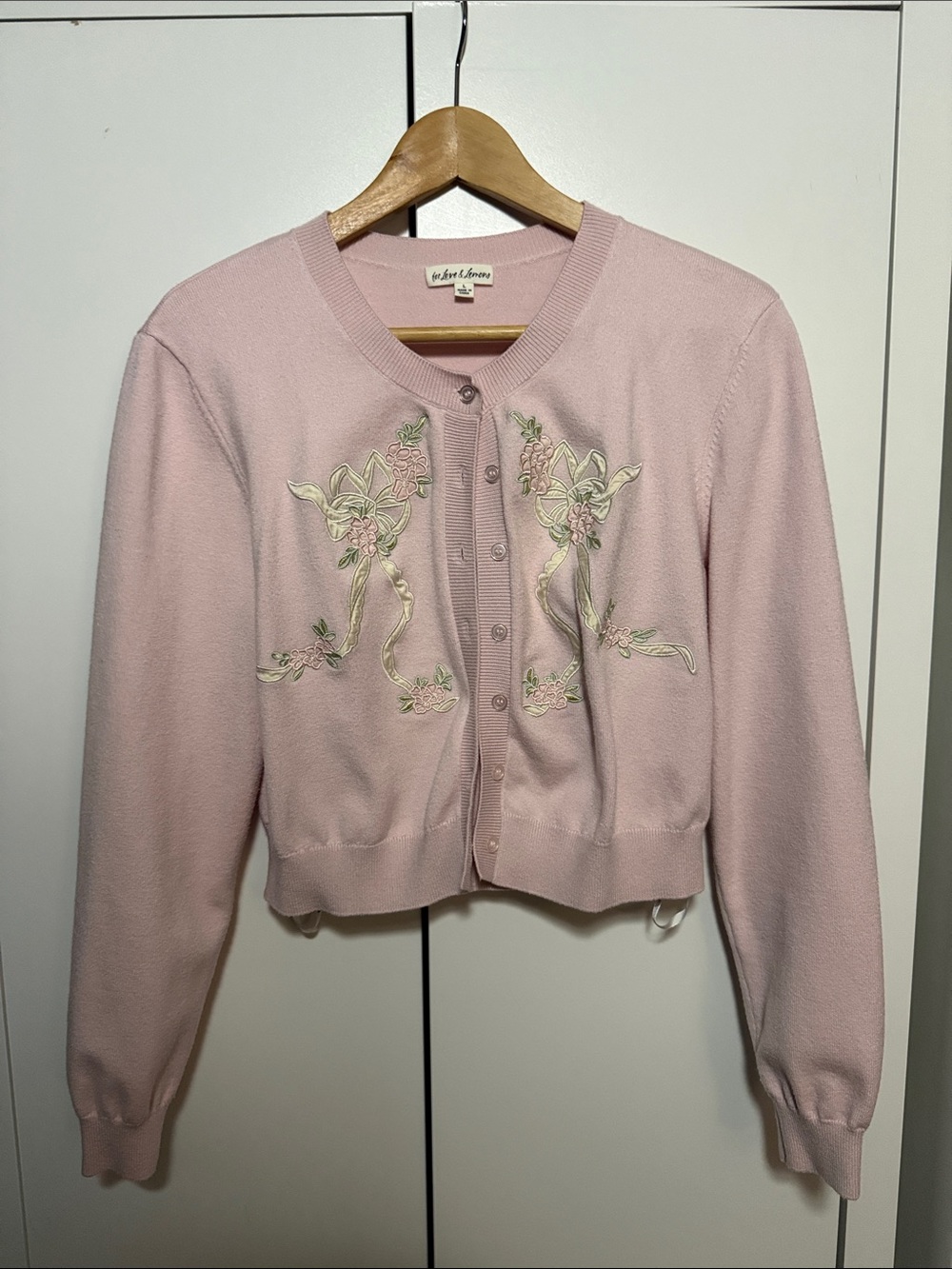 For Love And Lemons Pale Pink Embroidered Cropped Cardigan